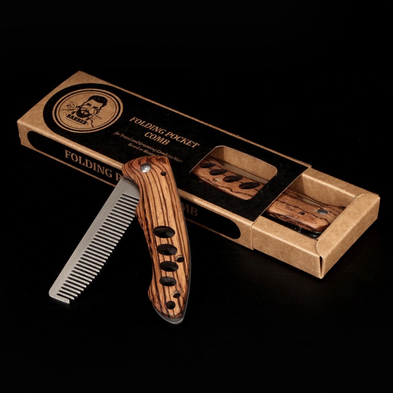 Mens Grooming Kit Bag - 無垢材と金属製の折りたたみ式髭櫛（男性用）、携帯用ポマドールスタイリンググルーミングキット、理容師級トラベルヘア・口髭櫛