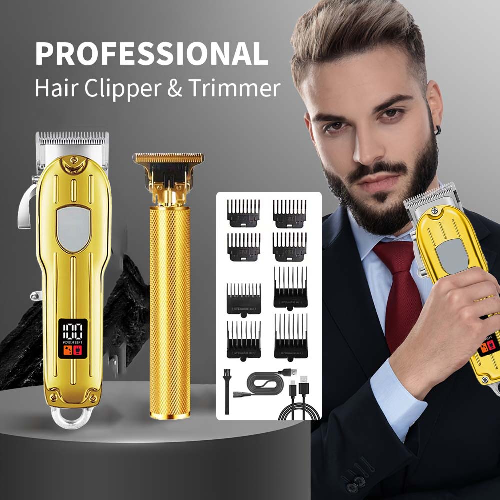 Men'S Grooming Blade - 2 in 1電動バリカン＆T字型トリマーセット（男性用）-コードレス髭剃り＆ヘアカットマシン（LCDディスプレイ付き）、USB充電式グルーミングキット（8種類のガイドコーム付き）