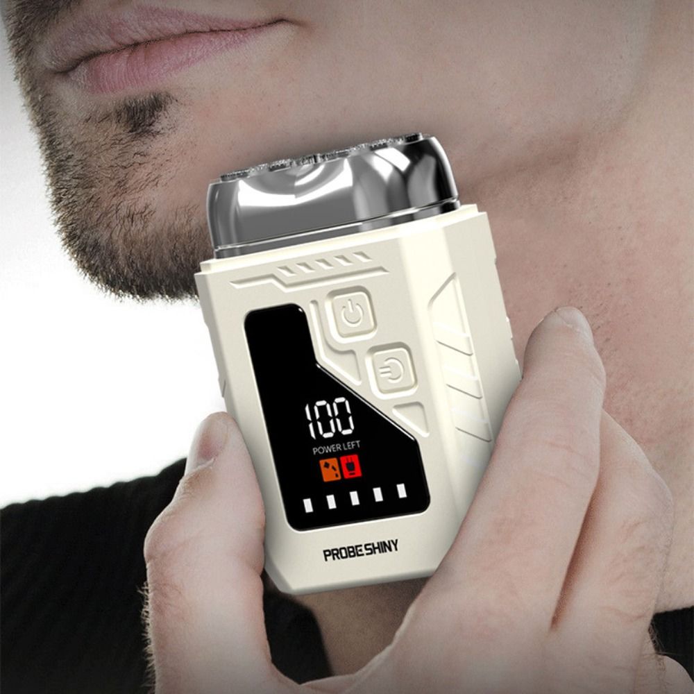 Men'S Grooming Mirror - 2in1ミニ電気シェーバー デジタルディスプレイ 無痛 ポータブル ロータリー式ひげトリマー ダブルヘッド