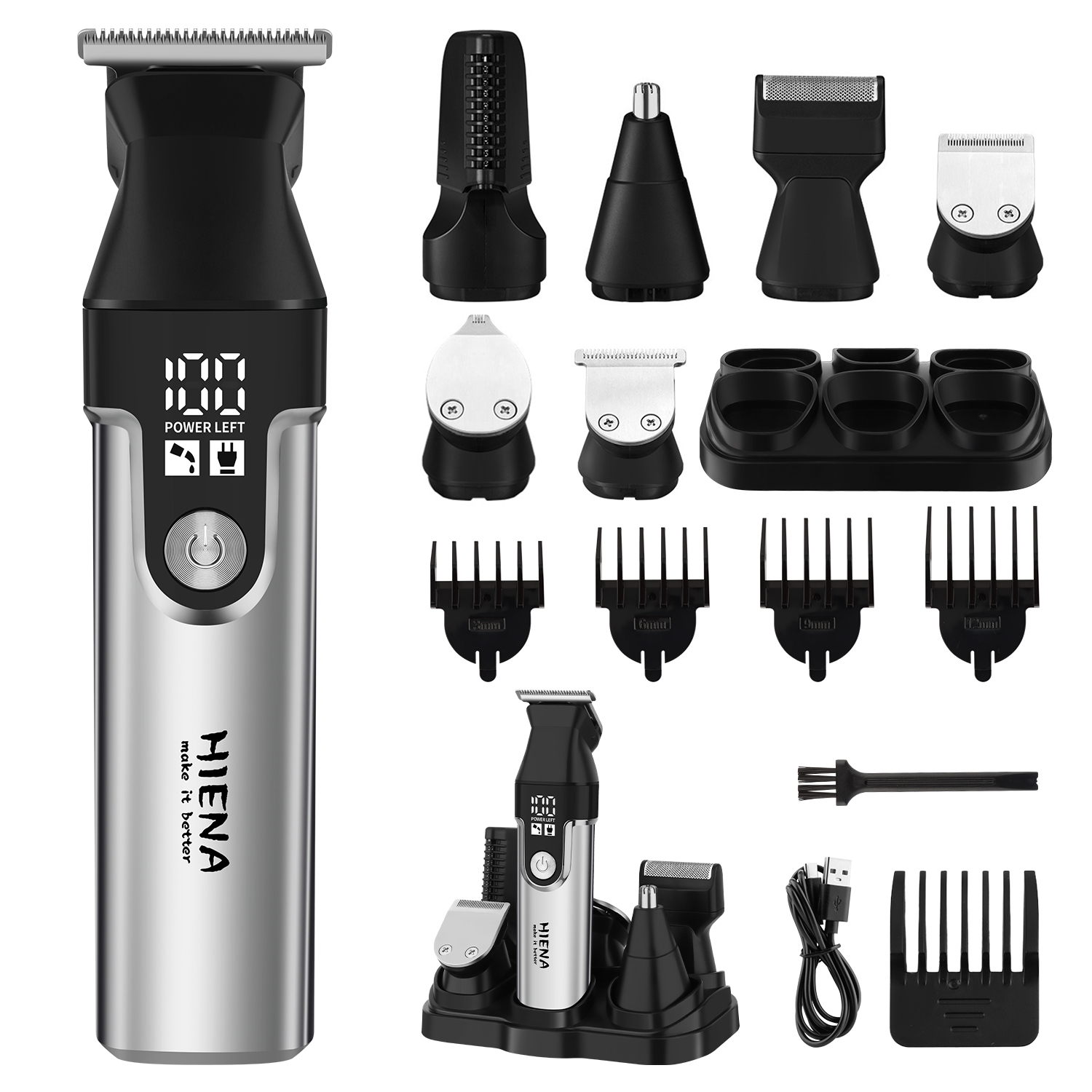 Men'S Grooming Blade - HIENAプロフェッショナル多機能バリカンセット、R型調整可能刃コードレスバリカン（LEDディスプレイ付き）、耳毛・鼻毛トリマー、6種類のガイドコーム＆トリマーヘッド、男性用グルーミングキット、充電式、USB充電、コードレスヘアカット